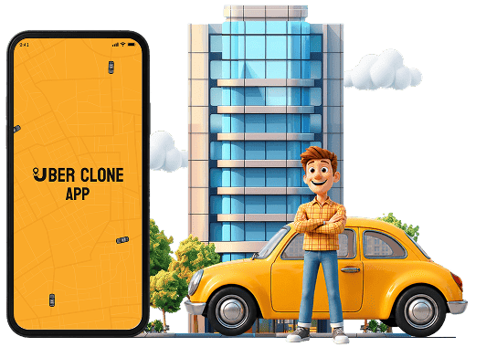 Uber Clone App branded smartphone with 3D driver illustration beside yellow taxi in urban setting