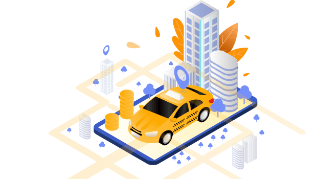 Uber Clone App ride booking illustration with yellow taxi and location pin on map