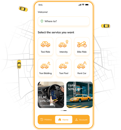 Uber Clone App customer app showing service selection and booking interface