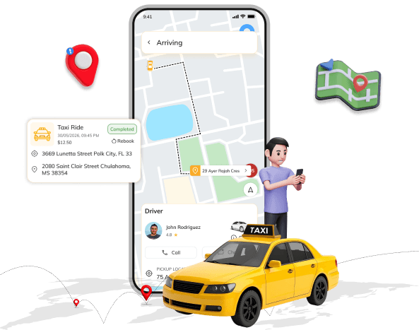 Uber Clone App features overview illustration with smartphone, charts, video, and analytics dashboards